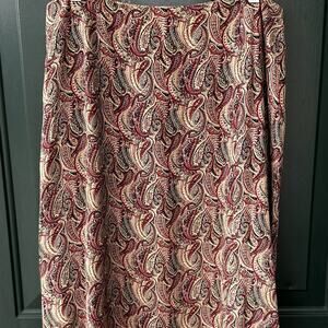 Vintage Talbots Sz 16P 100% Silk Tan Black & Red Paisley Print Skirt Office Knee